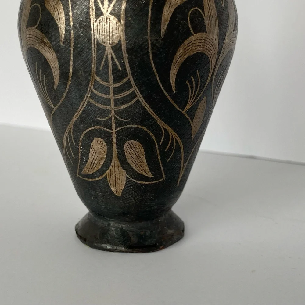 Vintage Brass Vase Etched India 7” Tall Metal Old Brown Bud Flower Engraved